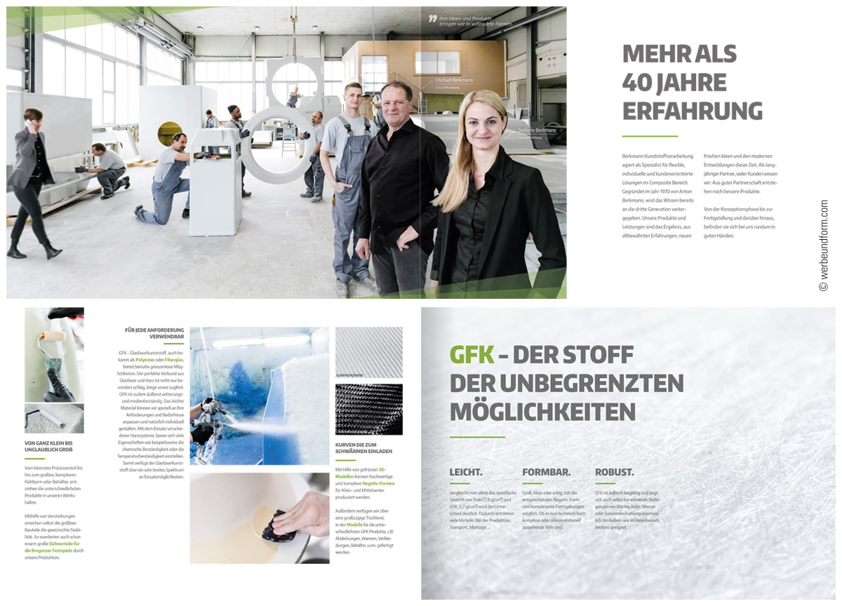 Ausschnitt der Inhalts-Seiten, Layout | Kunde: BERKMANN KUNSTSTOFFVERARBEITUNG GMBH | © Konzeption & Design: WERBE&form, Werbeagentur in Vorarlberg