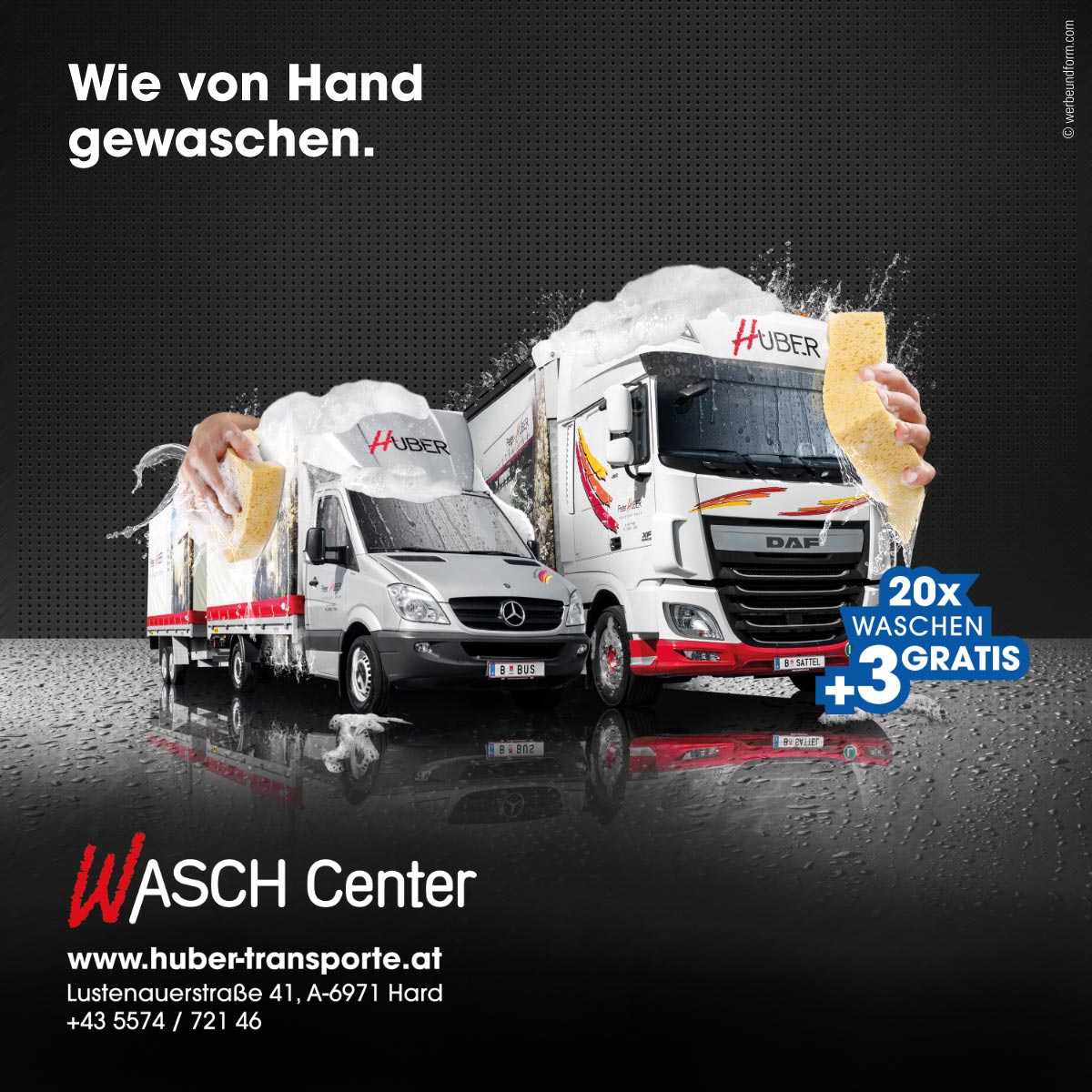 Crossmediale-Werbekampagne für das Wasch Center / Layout 01  | Kunde: PETER HUBER TRANSPORT GMBH | © WERBE&form, Werbeagentur in Vorarlberg