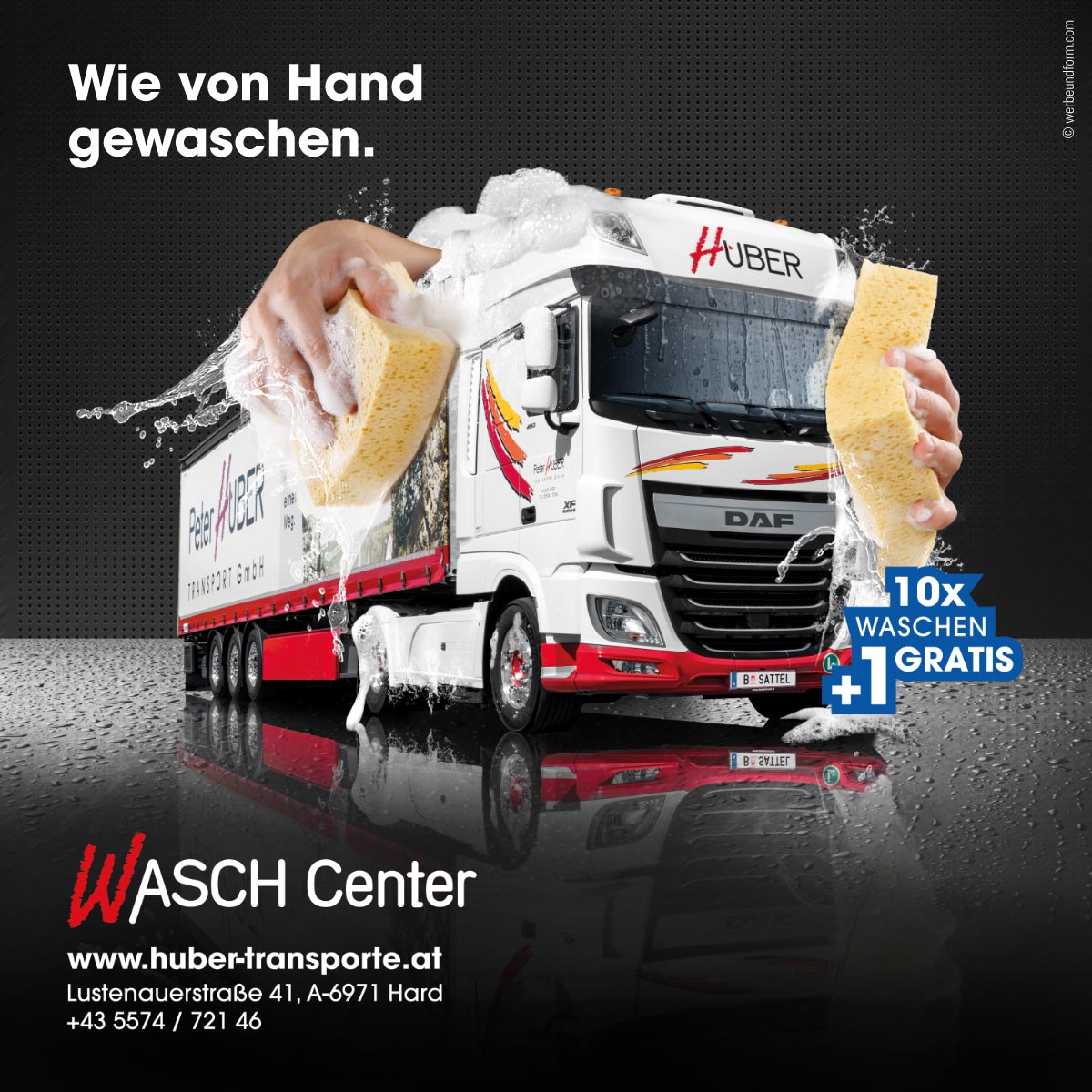 Crossmediale-Werbekampagne für das Wasch Center / Layout 02 | Kunde: PETER HUBER TRANSPORT GMBH | © WERBE&form, Werbeagentur in Vorarlberg