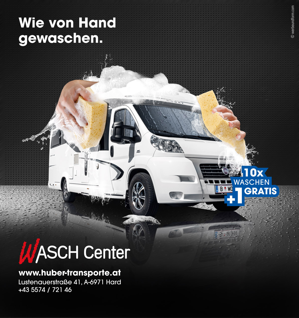 Crossmediale-Werbekampagne für das Wasch Center / Layout 02 | Kunde: PETER HUBER TRANSPORT GMBH | © WERBE&form, Werbeagentur in Vorarlberg