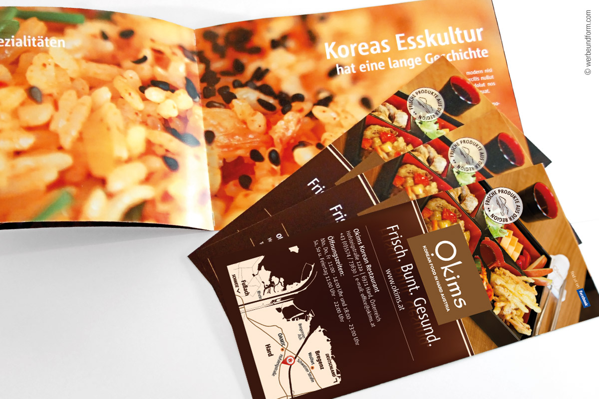 Gestaltung von Flyer und Imagebroschüre, Print-Design | Kunde: OKIMS KOREAN RESTAURANT | © Konzeption & Design: WERBE&form, Werbeagentur in Vorarlberg