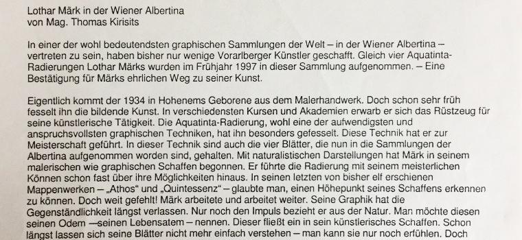 Presseartikel Pressetext v. Mag. Thomas Kirisits anl. der Aufnahme in die Graphische Sammlung Albertina, Wien | Lothar Märk